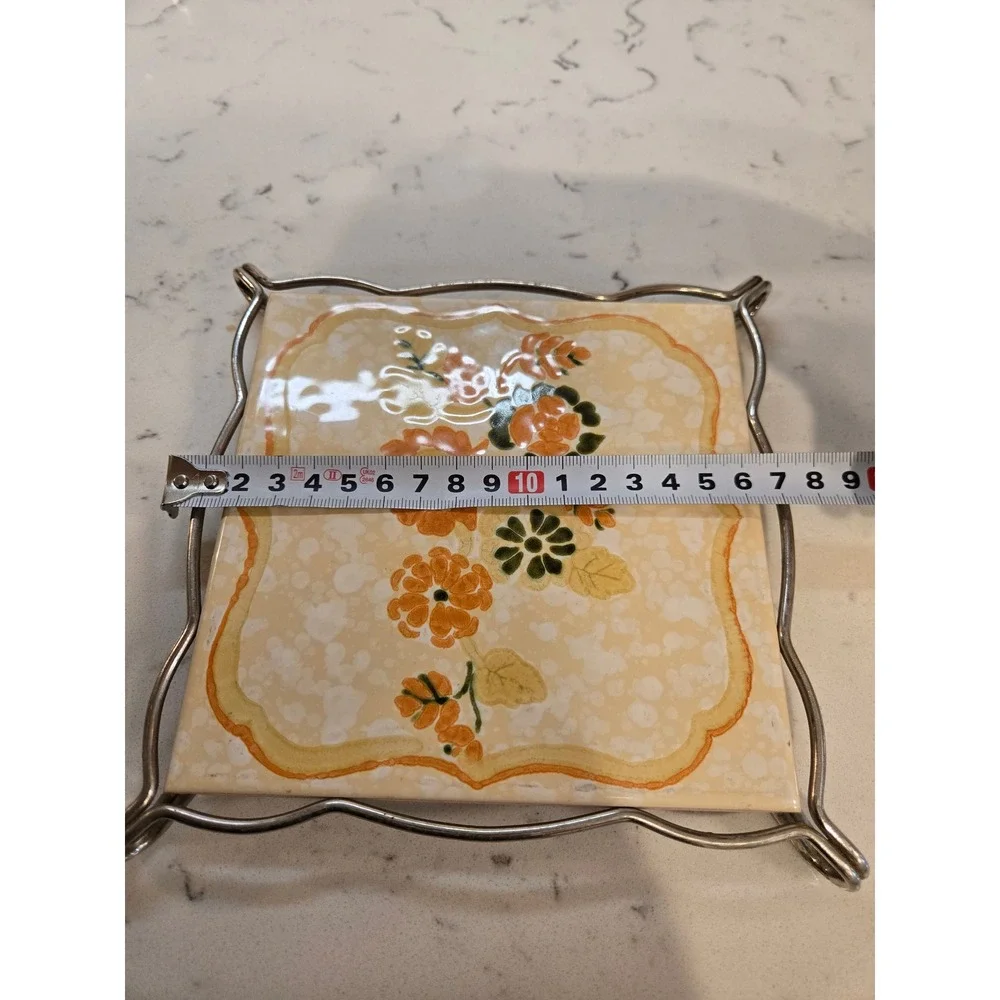 Vintage Semigres Italy Ceramic Floral Tile Trivet Chrome Stand Orange Green